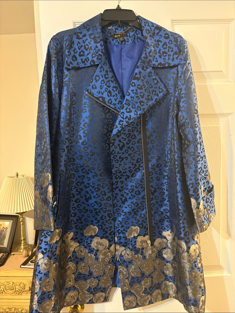 Blue Metallic Leopard-Print Trench Coat with Gold Floral Hem